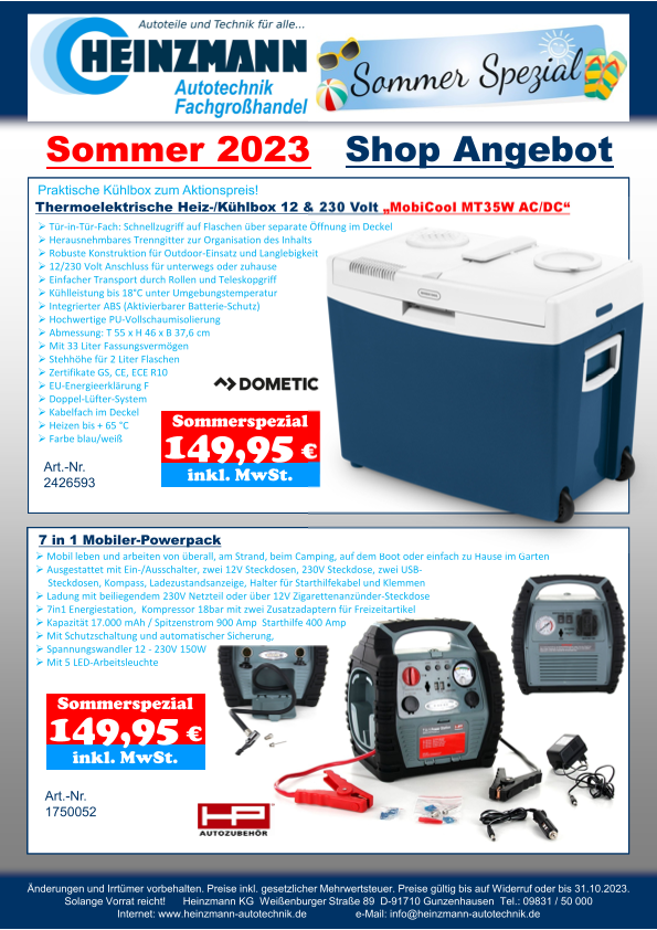 Sommer 2023 - Shop Angebot +++ DOMETIC - Thermoelektrische Heiz-/Kühlbox 12 & 230 Volt „MobiCool MT35W AC/DC“ +++ HP - 7 in 1 Mobiler-Powerpack