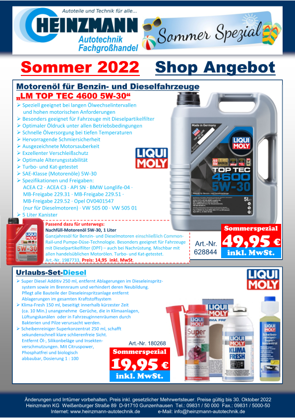 Sommer 2022 - Shop Angebot +++ LIQUI MOLY - Motorenöl für Benzin- und Dieselfahrzeuge „LM TOP TEC 4600 5W-30“ +++ LIQUI MOLY - Urlaubs-Set-Diesel