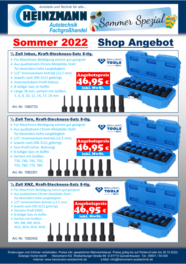 Sommer 2022 - Shop Angebot +++ Brilliant Tools - ½ Zoll Inbus, Kraft-Stecknuss-Satz 8-tlg. +++ ½ Zoll Torx, Kraft-Stecknuss-Satz 8-tlg. +++ ½ Zoll XNZ, Kraft-Stecknuss-Satz 8-tlg.