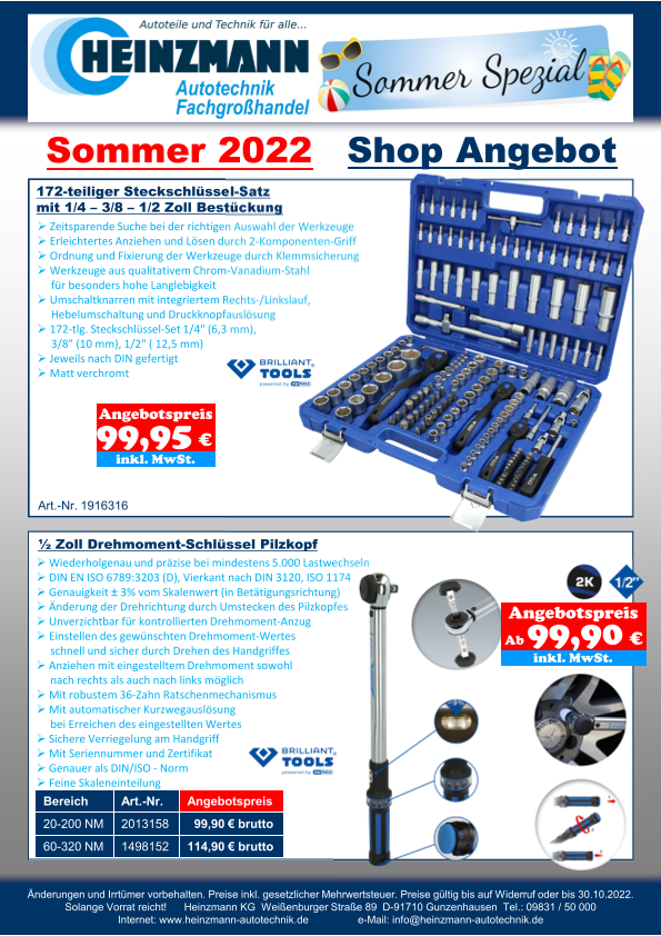 Sommer 2022 - Shop Angebot +++ Brilliant Tools - 172-teiliger Steckschlüssel-Satz mit 1/4 – 3/8 – 1/2 Zoll Bestückung +++ ½ Zoll Drehmoment-Schlüssel Pilzkopf