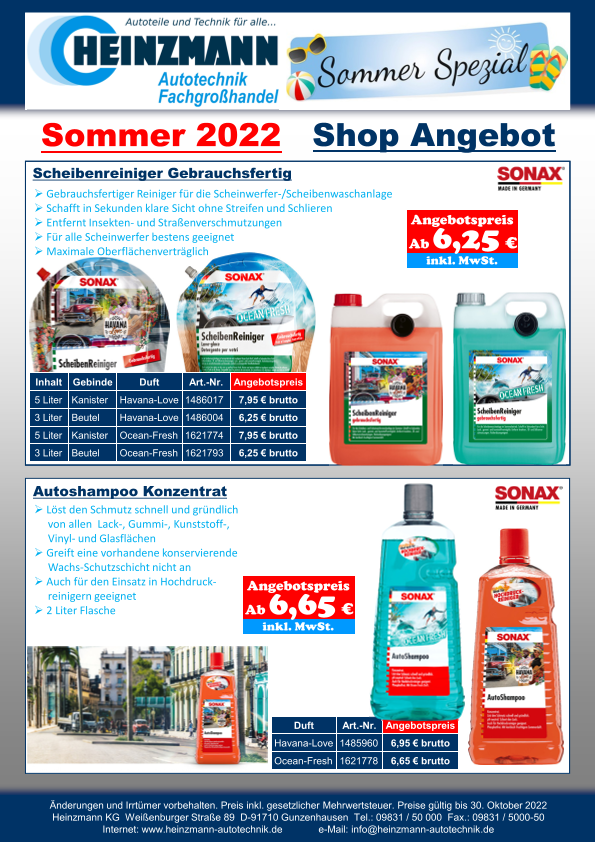 Sommer 2022 - Shop Angebot +++ SONAX - Scheibenreiniger Gebrauchsfertig +++ SONAX - Autoshampoo Konzentrat
