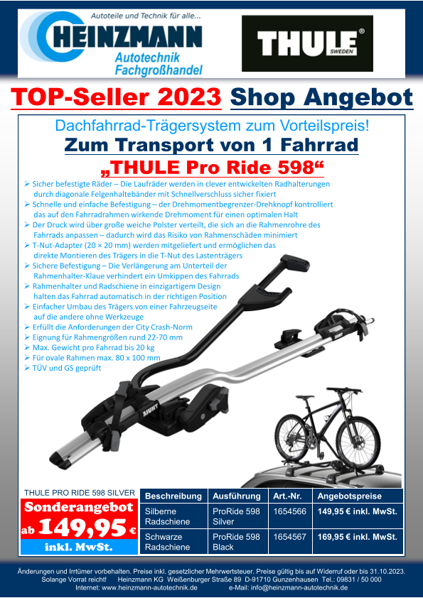 TOP-Seller 2023 - Shop Angebot +++ Dachfahrrad-Trägersystem zum Aktionspreis! +++ Zum Transport von 1 Fahrrad +++ „THULE Pro Ride 598“
