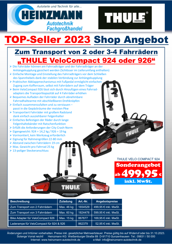 TOP-Seller 2023 - Shop Angebot +++ Zum Transport von 2 oder 3-4 Fahrrädern +++ „THULE VeloCompact 924 oder 926“