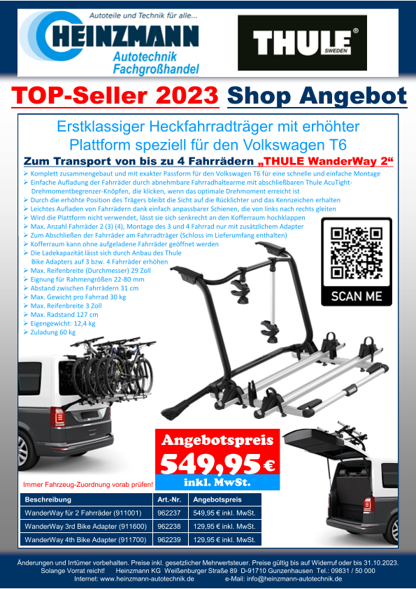 TOP-Seller 2023 - Shop Angebot +++ Erstklassiger Heckfahrradträger mit erhöhter Plattform speziell für den Volkswagen T6 +++ Zum Transport von bis zu 4 Fahrrädern +++ „THULE WanderWay 2“